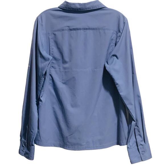 COLUMBIA Omni Shade Shirt M Women's Blue Mesh Lined Back Sun Protection Roll Tab - Picture 7 of 7
